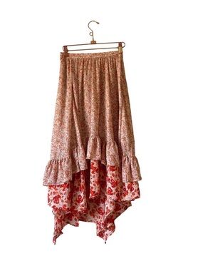 Free People Red and Cream Asymmetrical Floral Ruffle Maxi Skirt